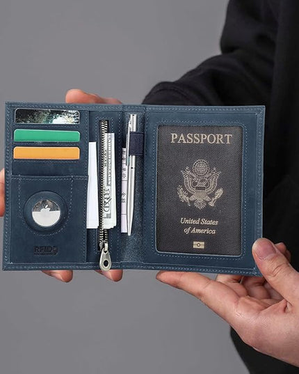 CONTACTS Full Grain Leather Passport Holder RFID Blocking Travel Passport Wallet Compatible with Airtag Passport Cover Case with 4 Cards Slots, Coin Pocket (Blue)