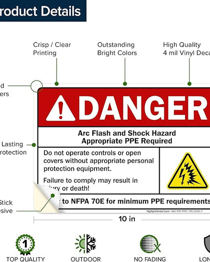 Danger Arc Flash And Shock Hazard Appropriate PPE Required Sign, 10x7 Inches, 4 Mil Vinyl Decal Stickers Weather Resistant, Made in USA by My Sign Center