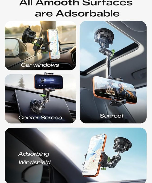 MAGIC JOHN Car Phone Holder, Ultra-Durable Mteal Phone Holders for Your Car, 360° Rotation Cell Phone Car Mount for Windshield, Suction Cup Car Phone Mount for iPhone Samsung All Smartphone