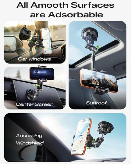 MAGIC JOHN Car Phone Holder, Ultra-Durable Mteal Phone Holders for Your Car, 360° Rotation Cell Phone Car Mount for Windshield, Suction Cup Car Phone Mount for iPhone Samsung All Smartphone