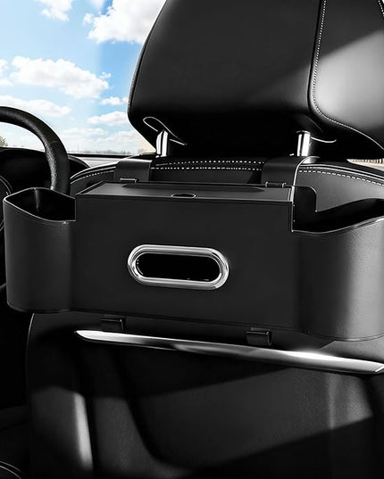 Car Backseat Organizer for Kids & Travelers - 4 in 1 Multifunctional Car Seat Back Storage with Cup Holder, Tissue Box, Snack/Handbag Holder - Nappa Leather Universal Fit for SUV/Van/Sedan (Black)