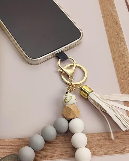 Phone Lanyard Silicone Beaded Phone Wrist Strap Cute Elastic Cell Phone Wristlet Chain Bracelet with 2 Tether Tab