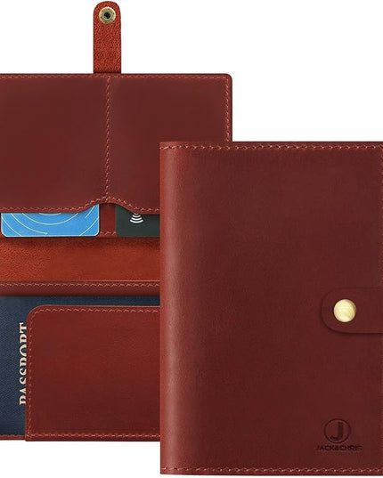 Jack&Chris Genuine Leather Passport Holder For Travel, RFID Blocking Handmade Passport Holder with Card Case Organized & Safe, Quality Travel Essentials for Women and Men for Gifting, Red