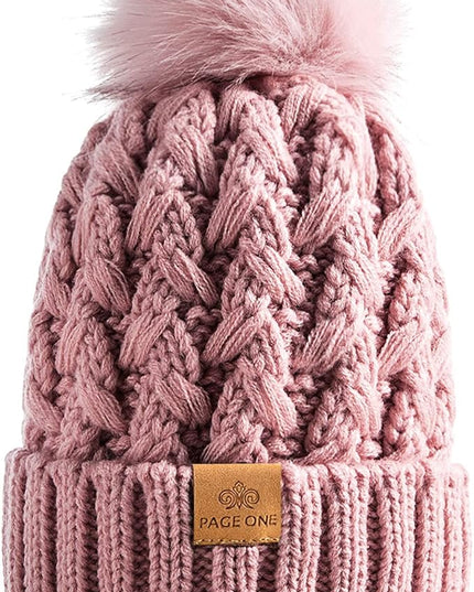 PAGE ONE Womens Winter Ribbed Beanie Crossed Cap Chunky Cable Knit Pompom Soft Warm Hat