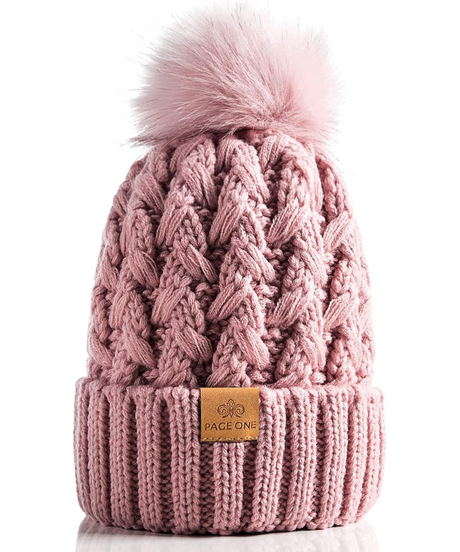 PAGE ONE Womens Winter Ribbed Beanie Crossed Cap Chunky Cable Knit Pompom Soft Warm Hat