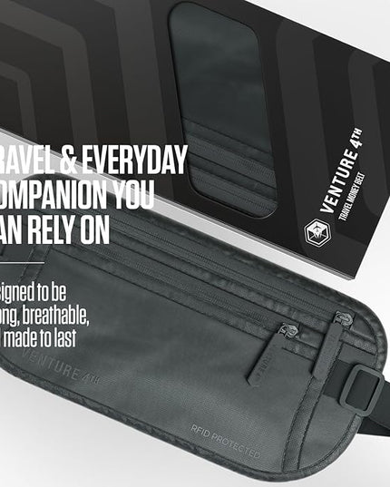 VENTURE 4TH Money Belt for Travel – Hidden Under-Clothes RFID Blocking Passport Holder & Slim Travel Wallet Pouch for Men & Women to Protect Cash, Cards & Documents (Sleek Gray)