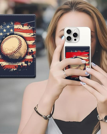 Phone Card Holder, Dual Pocket Leather Wallet Adhesive Stick On, Cute Credit Card Holder for Smartphones Case Compatible with Most Phone（American flag baseball）
