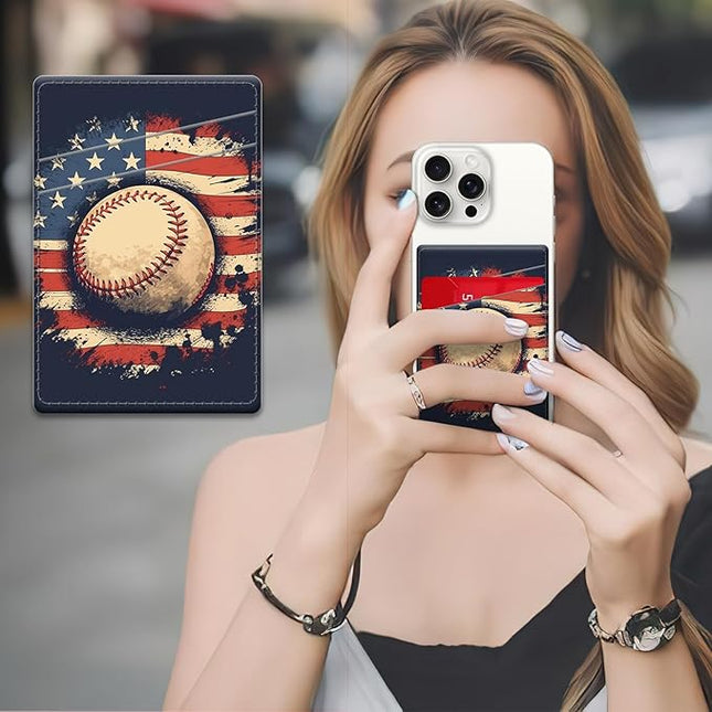 Phone Card Holder, Dual Pocket Leather Wallet Adhesive Stick On, Cute Credit Card Holder for Smartphones Case Compatible with Most Phone（American flag baseball）