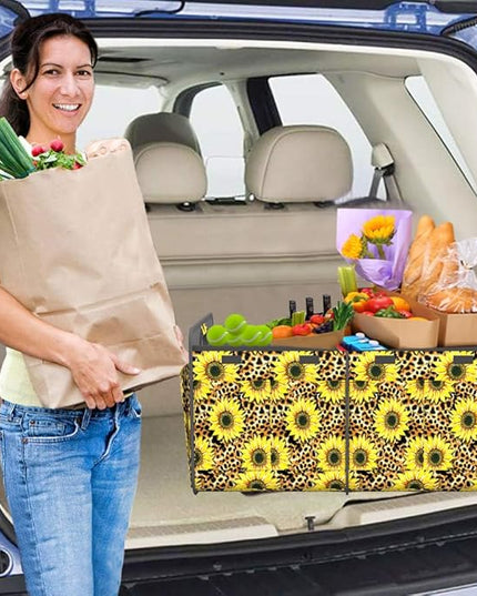 Homeve Trunk Organizer, Car Storage, Reinforced Handles, Collapsible Multi-Compartment, Foldable, Waterproof, Sturdy, 600D Oxford Polyester For Car, SUV, Mini-Van, Sunflower Leopard Print, 2 Compart