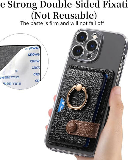 Wallet Stick on Phone Case, Credit Card Holder with Ring for Back of Phone Cases Flip Leather Wallet Sleeve Pouch Compatible with iPhone, Samsung Galaxy Android Most Smartphones Black