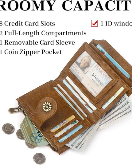 Blucoay Womens Wallet,RFID Blocking Wallet Women,Soft Leather Bifold Small Wallets For Woman Card Holder With Removable ID Window brown