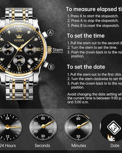 OLEVS Men's Luxury Watch Waterproof Luminous Easy Read Chronograph Watches Full Gold/White Dail/Black Face with Calendar Wristwatch