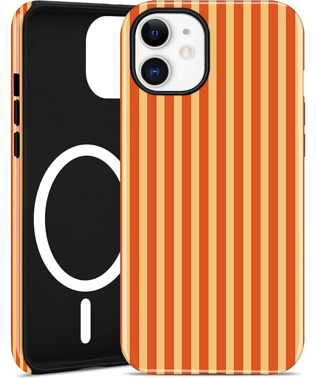 Jusy Compatible with MagSafe Striped Phone Case for iPhone 11, Cute Aesthetic Magnetic Soft TPU and Hard PC Protective Phone Cover for Women Girls（Shiny） - Orange