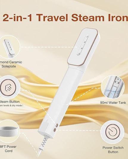 Newbealer 2in1 Travel Iron with Global Voltage, 100-240V Clothes Steamer, Dry Ironing & 2 Steam Levels, Non-Stick Ceramic Soleplate, Fabric Wrinkle Remover, Auto-off, Self Cleaning, No Clamp (Gold)