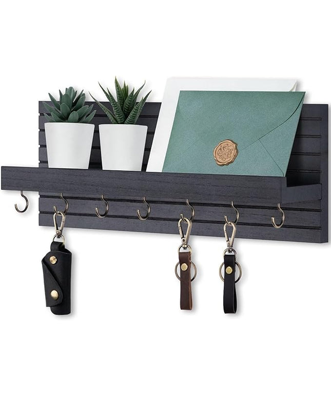 Lwenki Decorative Key Holder for Wall with Shelf, Entryway Shelf with Hooks Holds Leashes, Jackets and Glasses – Sturdy Wood Keyholder Entrance Hanger with Mounting Hardware (Black, Large)