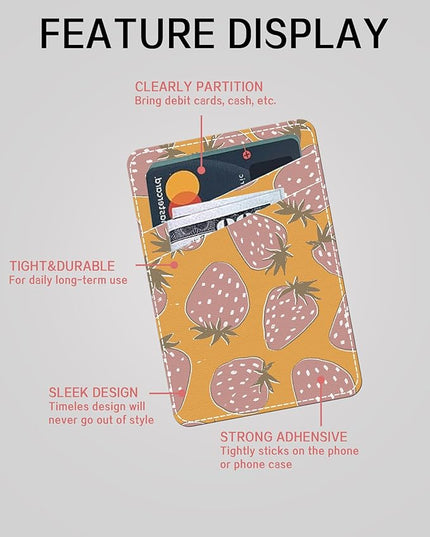 Phone Card Holder, Cute Leather Phone Wallet Stick On, Dual Pocket Credit Card Sticky Wallet Cute Pink Strawberry