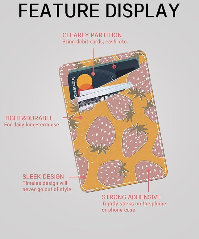Phone Card Holder, Cute Leather Phone Wallet Stick On, Dual Pocket Credit Card Sticky Wallet Cute Pink Strawberry