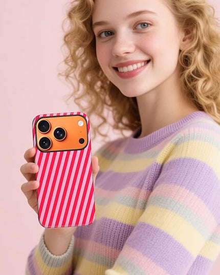 Magnetic for iPhone 17 Pro Max Case Cute Diagonal Stripes Phone Case, Shockproof Slim TPU and Hard PC Protective Phone Cover Compatible with MagSafe Designed for Women Girls,Red