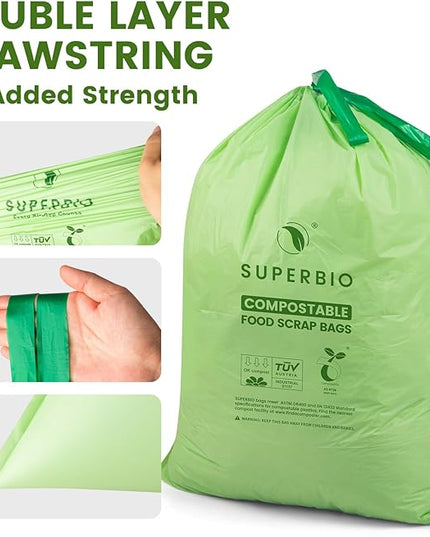 SUPERBIO 8 Gallon Compostable Drawstring Kitchen Waste Bags,30.3 Liter, 30 Count, 1 Mil,Heavy Duty Food Waste Bags, BPI, Seedling and OK compost INDUSTRIAL