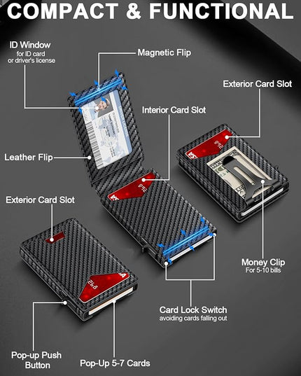 GHUKY Wallet for Men RFID Wallet with Money Clip, Slim Pop Up Card Holder for 10-12 Cards, Minimalist Smart Credit Card Case with ID Window, Bifold Metal Wallet for Front Pocket, Gifts for Men