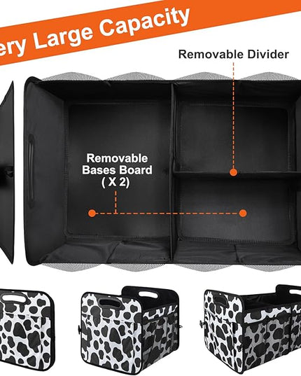 Trunk Organizer for Car, 72L Collapsible Waterproof Car Organizers and Storage, Car Accessories for Women and Men, Multi-Compartment Storage Organizer for SUV, Cow Print