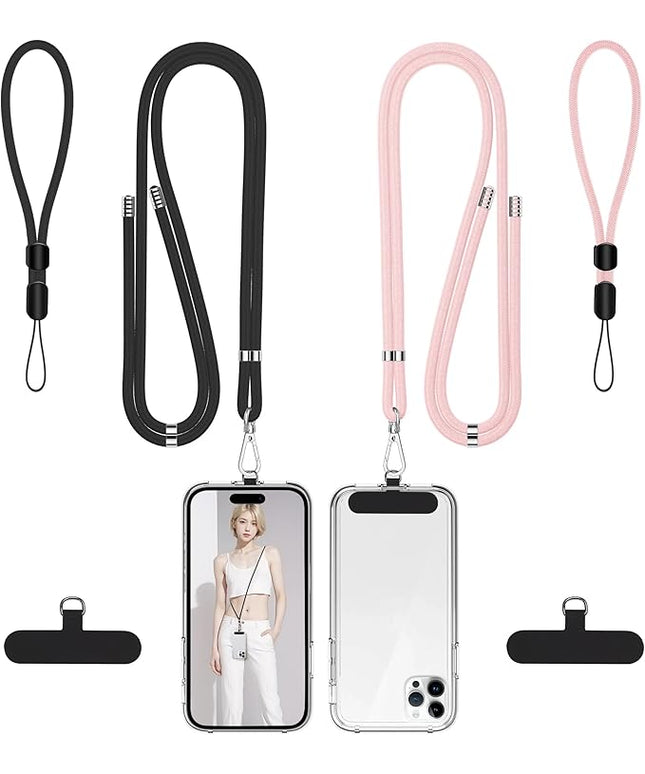 takyu Phone Lanyard, 2 Pack Adjustable Cell Phone Lanyard Crossbody Neck Strap & 2 Pack Phone Wrist Strap with Tether Tabs Compatible for iPhone Android Smartphones-Black LPink