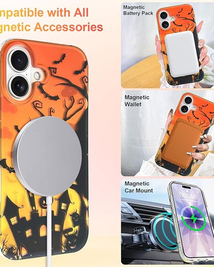 Halloween Case for iPhone 17 Case [ Compatible with Magsafe ] Holographic Orange Sky with Black Castle, Bats, Ghosts and Pumpkins Pattern Design, Creative Magnetic Protective Phone Cover