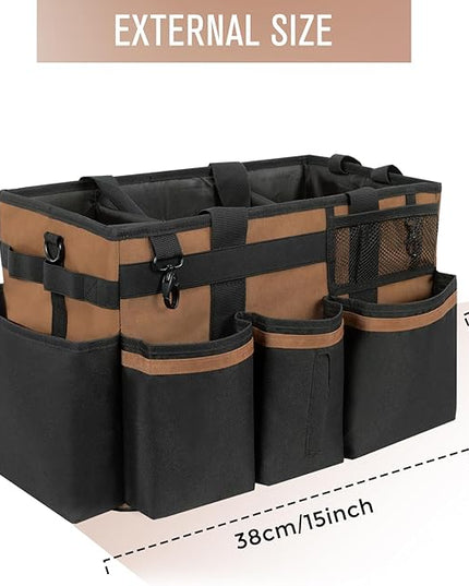 Wearable Cleaning Caddy, Cleaning Caddy Supplies Organizer with Handle & Shoulder Straps for Housekeepers, Under Sink & Car Cleaning Tool Organizers Bag with 4 Foldable Divider (Brown)
