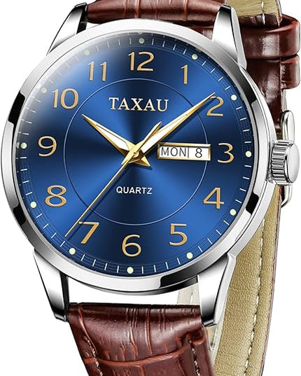 Mens Leather Watch Large Face Classic Quartz Mens Analog Watches Luxury Dress Watches for Men Waterproof Men's Wrist Watch Easy Read with Date Number Dial Relojes para Hombre