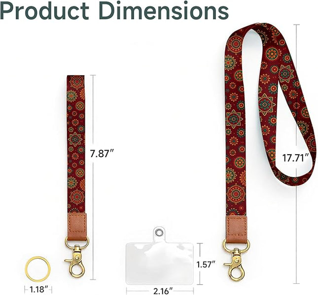 Cell Phone Lanyard with Wrist Strap, Red Boho Neck Lanyard for Phones, Keychain, Wallet and ID Badge – Universal Set