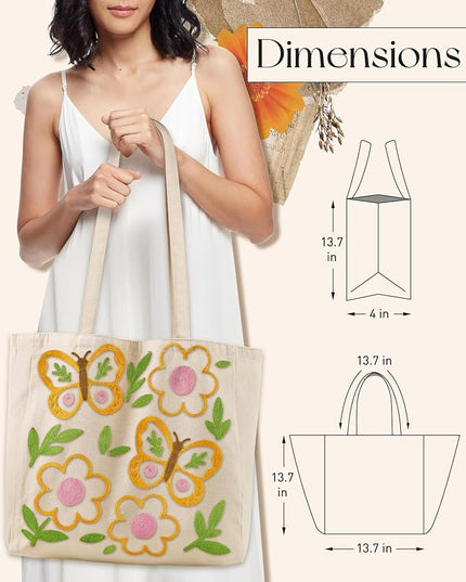 Embroidery Canvas Tote Bag for Women - Reusable Totes with Pocket & Buckle Aesthetic Cute Grocery Shoulder Bag