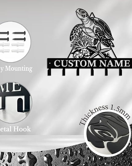 Casebrick Custom Sea Turtle Metal Wall Hooks,Key Holder-Personalized Iron Wall Decor for Keys, Coats & Home Organization (Black, Handmade,Decorative for Entryway, Beach,Bedroom,Office) (Style M)
