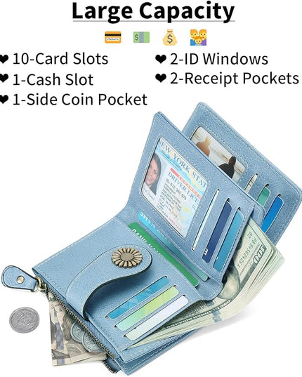 SENDEFN Small Womens Wallet Leather Bifold Card Holder RFID Blocking with Zipper Coin Pocket