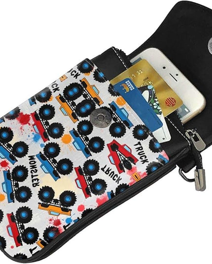 Women Ladies Girls Roomy Pockets Cell Phone Shoulder Bag Crossbody Bag Credit Card Stash Money Carrier, Water Resistant, Yoga Riding bag, Grunge Monster Truck Car Art