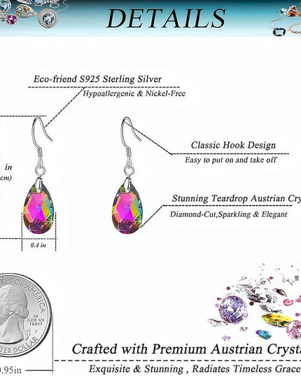 Teardrop Austrian Crystal Drop Dangle Earrings for Women 925 Sterling Silver Hook Hypoallergenic Jewelry