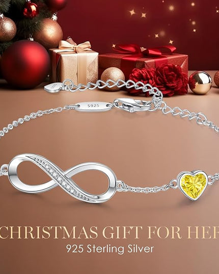 CDE Valentine's Day Gift Infinity Heart Birthstone Charm Link Bracelet for Women 925 Sterling Silver Adjustable Mother's Day Christmas Day Gift Anniversary Birthday Jewelry for Wife Girlfriend Her