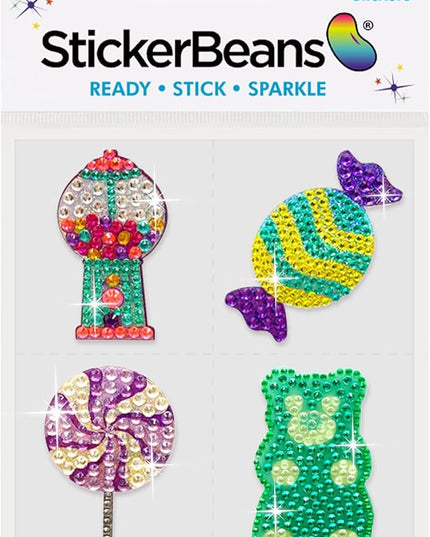 StickerBeans® Rhinestone Stickers - Sweet Tooth 4-Pack, 2” x 2” Unique Sparkly Cut-to-Shape for Collecting, Trading, Decorating Laptops, Phone Cases, Scrapbooks - Kids, Teens, Adults