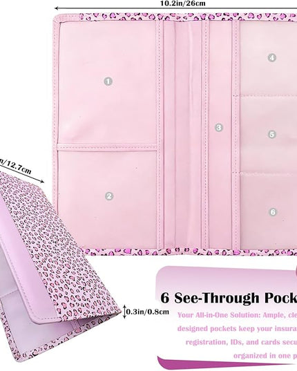 Car Registration and Insurance Holder with Magnetic Closure, Universal Document Organizer for License, Insurance Cards & Glove Box Storage (Leopard-Pink)