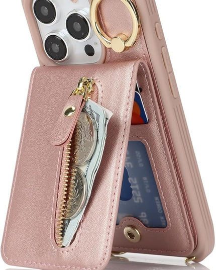 for iPhone 15 Pro Wallet Case with Card Holder, for iPhone 15 Pro Case Wallet with Strap Credit Card Slot, Crossbody Bag with Zipper Case for iPhone15 Pro- Rose Gold