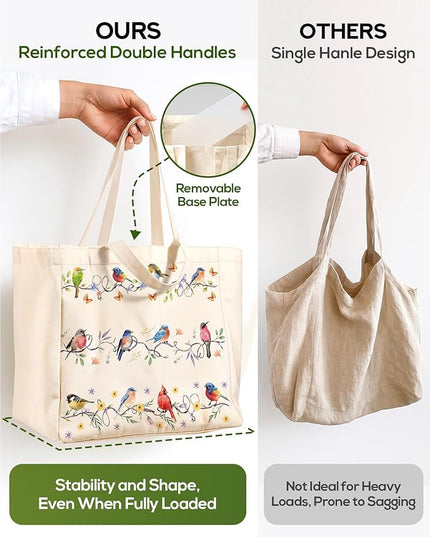 Large Canvas Grocery Tote Bag - Reusable Extra Large Shopping Shoulder Bags with 6 Inner Pockets & 2 Handle Strap
