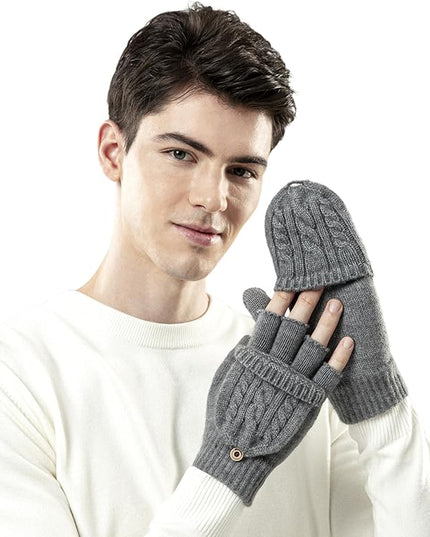 Winter Fingerless Gloves for Women Men Warm Knitted Convertible Mittens Flap Cover