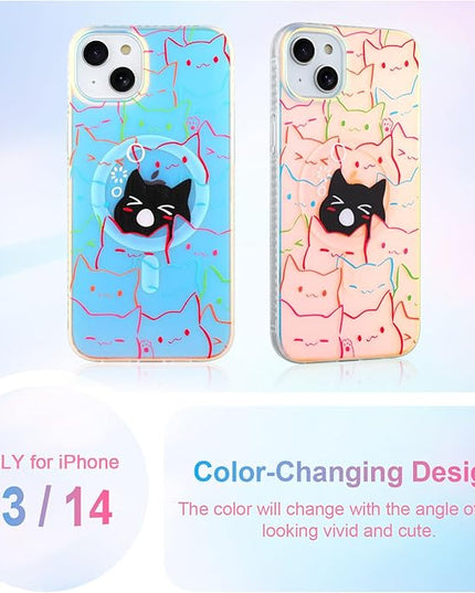 Cute Case for iPhone 13 & 14 Case for Women Girls Boys [ Compatible with Magsafe ] Iridescent and Black Cats Cat Pattern Design, Kawaii Colorful Animal Soft Bumper Protective Phone Cover