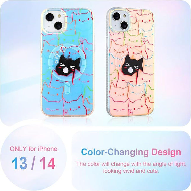 Cute Case for iPhone 13 & 14 Case for Women Girls Boys [ Compatible with Magsafe ] Iridescent and Black Cats Cat Pattern Design, Kawaii Colorful Animal Soft Bumper Protective Phone Cover