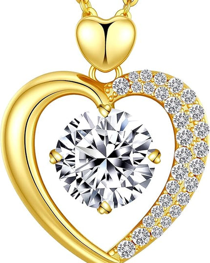 Beam & Bask Moissanite Heart Pendant Necklaces for Women, Engraved with LOVE, Sterling Silver Plated with 18K Gold, Anniversary and Birthday Jewelry for Wife, Girlfriend, Mom, or Her