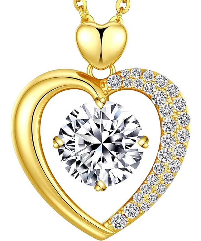 Beam & Bask Moissanite Heart Pendant Necklaces for Women, Engraved with LOVE, Sterling Silver Plated with 18K Gold, Anniversary and Birthday Jewelry for Wife, Girlfriend, Mom, or Her