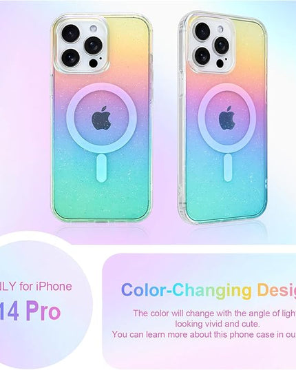 Glitter Case for iPhone 14 Pro Case for Women Girls [ Compatible with Magsafe ] Clear Cute Girly Aesthetic Iridescent Rainbow Sparkly Bling Magnetic Phone Cover, Gradient Blue & Pink