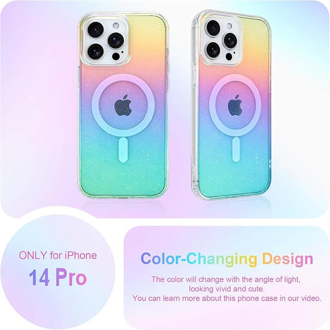 Glitter Case for iPhone 14 Pro Case for Women Girls [ Compatible with Magsafe ] Clear Cute Girly Aesthetic Iridescent Rainbow Sparkly Bling Magnetic Phone Cover, Gradient Blue & Pink