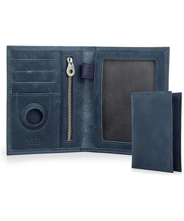 CONTACTS Full Grain Leather Passport Holder RFID Blocking Travel Passport Wallet Compatible with Airtag Passport Cover Case with 4 Cards Slots, Coin Pocket (Blue)