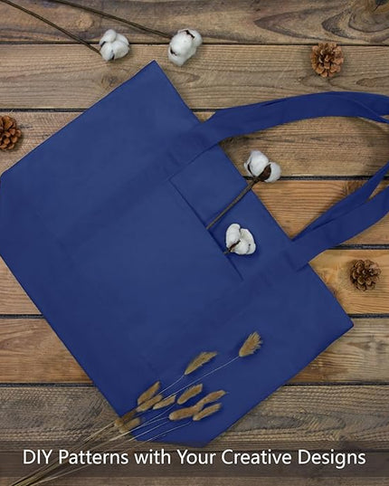 TOPDesign 3-Pack Canvas Tote Bags with an External Pocket, Reusable Grocery Shopping Bags, Top Zipper Closure, Daily Essentials (Blue)