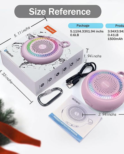 SOWO Small Waterproof Speaker Bluetooth Portable Wireless - Clip Speaker for Shower - Powerful Bass and Louder Volume - Colorful Lights and Lightweight for Travel,Kitchen,Pool - Pink